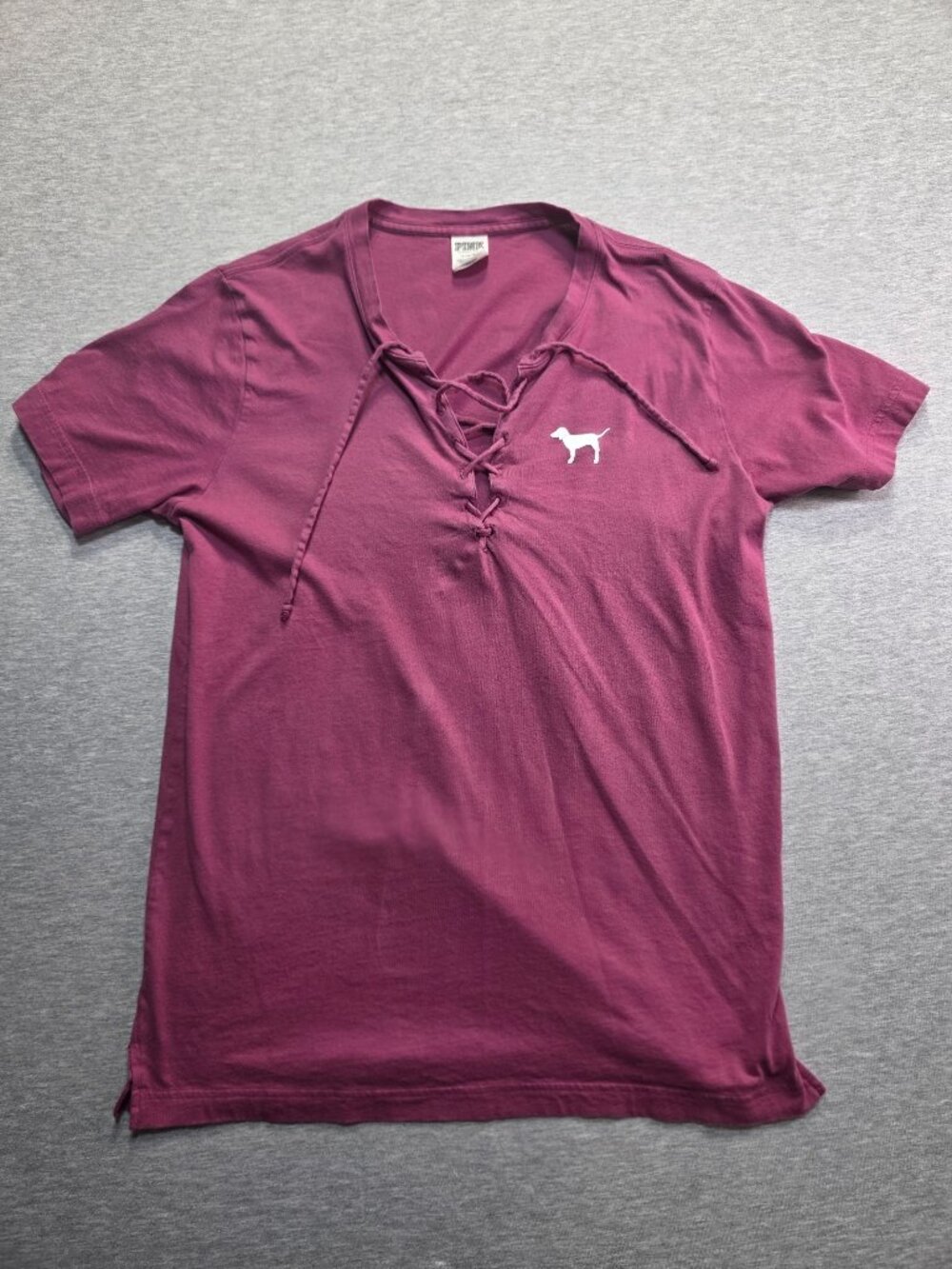PINK Victoria's Secret Lace Up V-Neck T-Shirt Maroon Dog Logo Size M